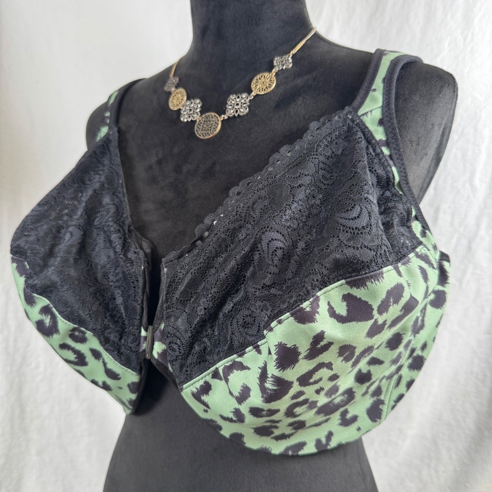 Women's Glamorise Lace Front Close Underwire Bra 48G Green Animal Print Black - Picture 6 of 8